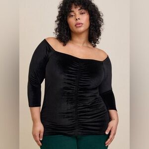 Torrid New Size‎ 3X Black Stretch Velvet Shirred Front Off The Shoulder Top